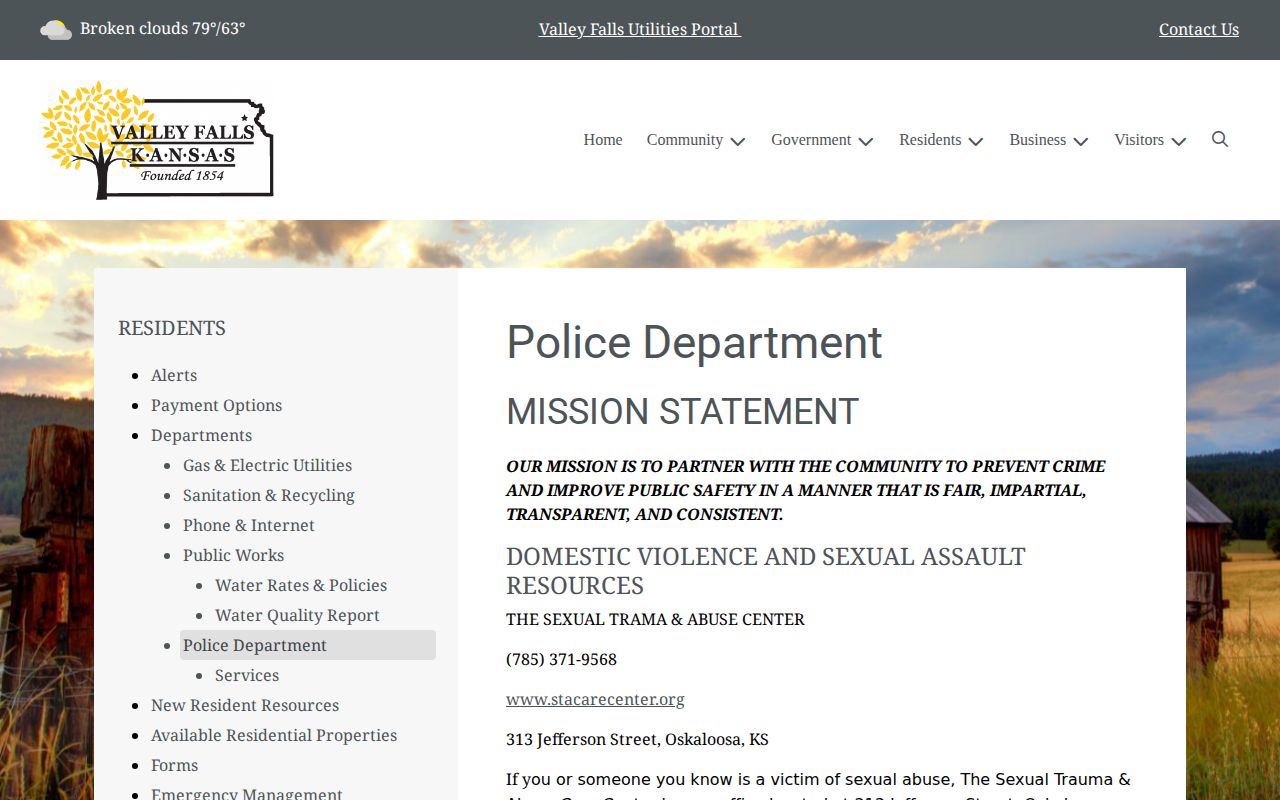 Valley Falls Police Department arrest records contact page